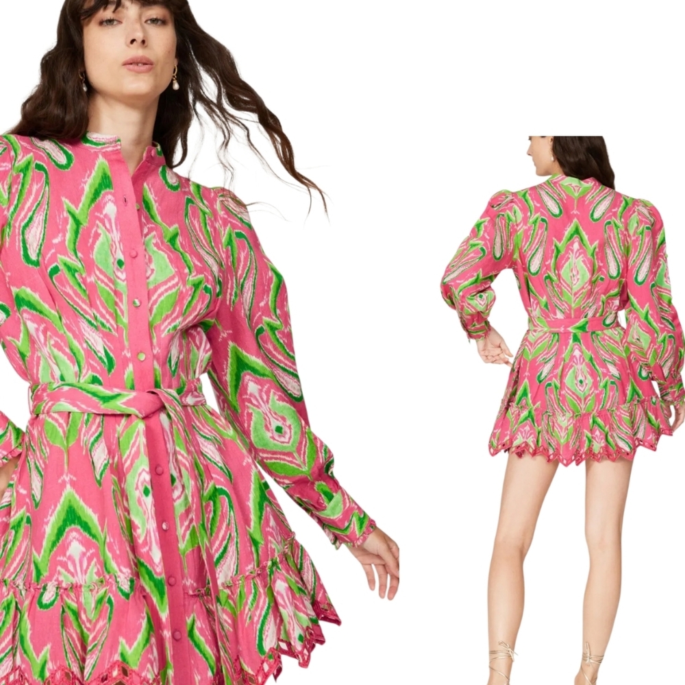 NWT $388 Hemant & Nandita Indu Mini Dress Pink Green Ikat Belted M